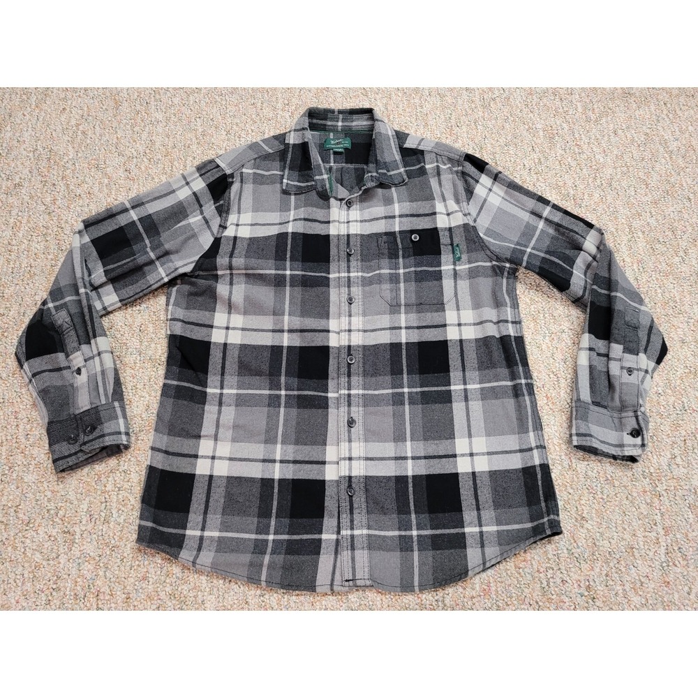 Woolrich Shirt Men Large Black Grey Plaid Flannel Button Up Long Sleeve Outdoors